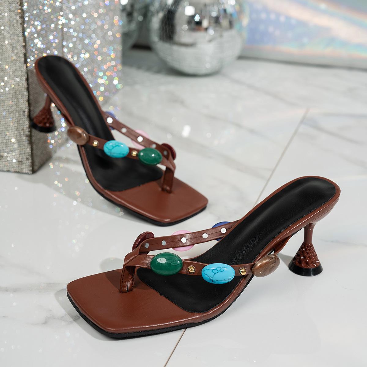 

Fashion 2025 new summer Fashionable versatile Clip Toe Outdoor Slippers Women High Heels Sandals Woman sexy Thin Heeled Party Shoes 42 темно-коричневого