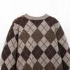 Retro Argyle Knit Cardigan - Women's Casual Long-Sleeve Sweater