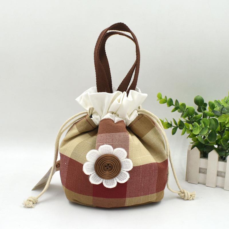 Canvas Bucket Bag, Women's Japanese Style Portable Bento Bag, Retro Artistic Small Bag, Drawstring Bag, Hand-held Lunch Box Bag