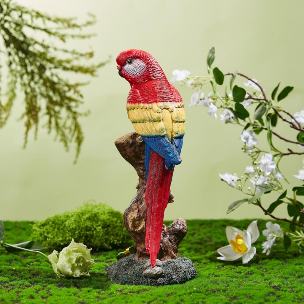 Harz Papageienfigur Mehrfarbig auf Baumstumpf Statue Realistischer Dekorativer Vogel für Wohnzimmer