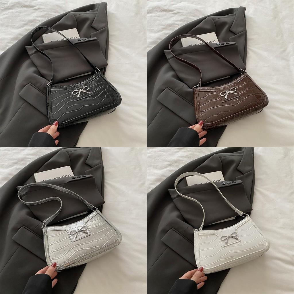 Color Simple Solid Bow Decoration Crocodile Texture Women Casual Shoulder Bag