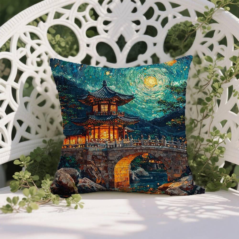 

Чехол для подушки в стиле масляной живописи, буддийский храм, защита от пылевых клещей, скрытая молния, шелковистый короткий плюш, чехол для диванной подушки 12x12Inch