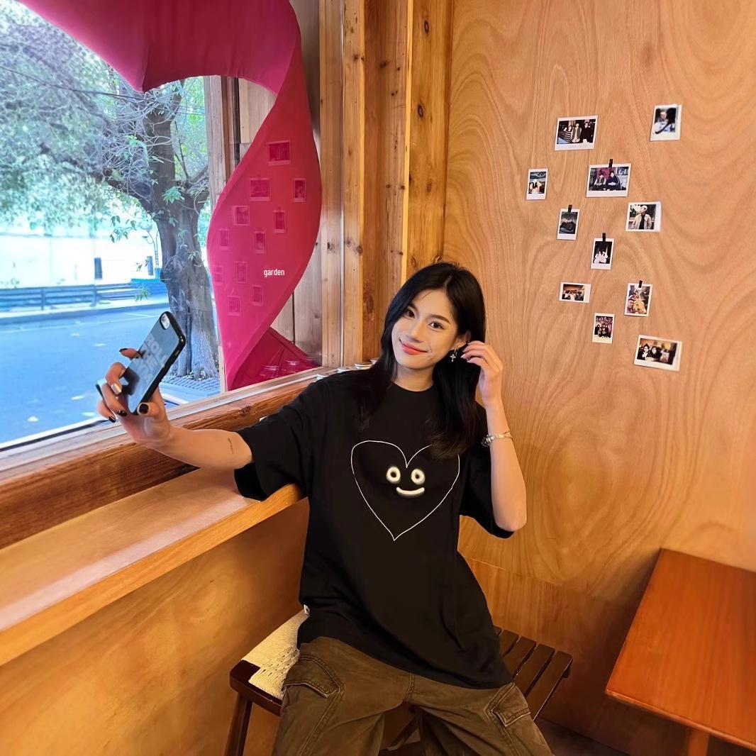 

Корейская футболка из чистого хлопка свободного кроя с принтом в виде сердца - Женский летний топ с коротким рукавом и круглым вырезом 3XL чёрный