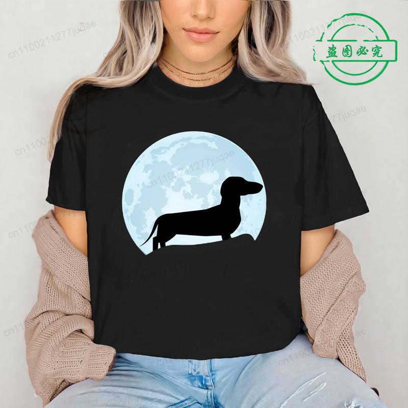 Moon Dachshund T Shirt for Men Women O-neck Short Sleeve Streetwear Wiener Dog Lover Graphic T Shirts Tee Tops Clothing Gift