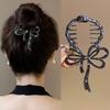 Grampo de cabelo elegante com strass incrustado em forma de laço, suporte de rabo de cavalo com pérolas falsas, dentes antiderrapantes, garra para trás da cabeça, acessórios para cabelo