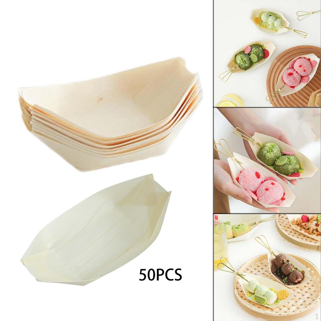 50 Pieces Disposable Wood Boat Serving Trays Sushi Dessert Tray Food Boats Storage Container
