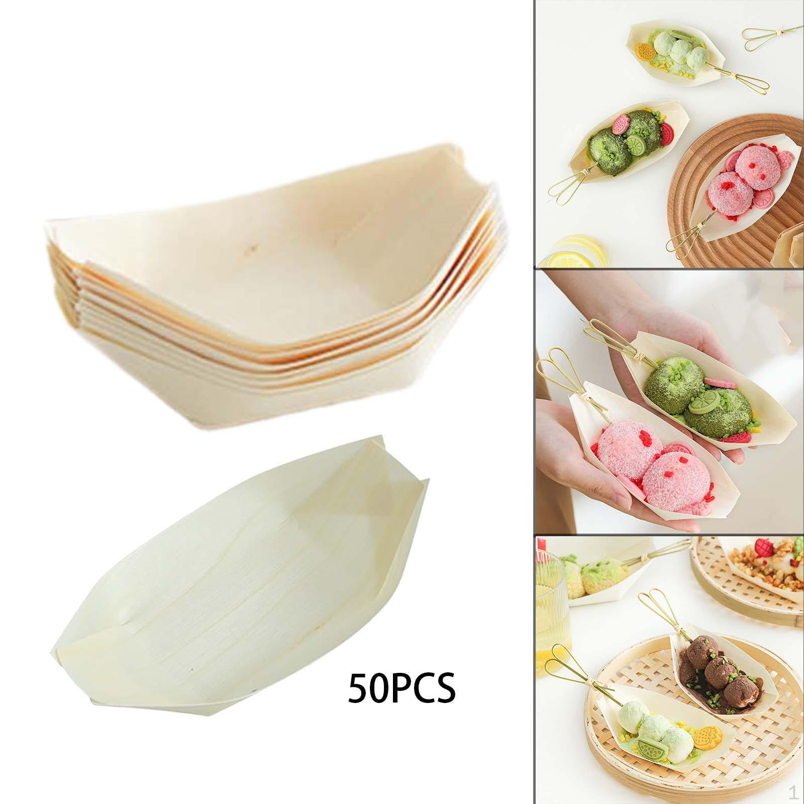 50 Pieces Disposable Wood Boat Serving Trays Sushi Dessert Tray Food Boats Storage Container 12cmx6.8cm