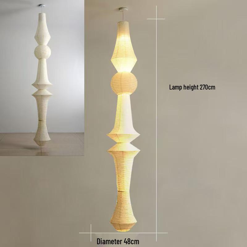 Japanese Wabi-sabi Style Isamu Noguchi Xuan Paper Long Vintage Chandelier for Aisles, Staircases, and Loft Window Displays.