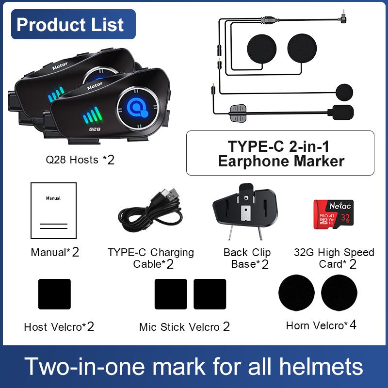 Q28 Bluetooth 5.3 Motorcycle Helmet Headset 1080P HD Wireless Camera Super Wide-angle Lens IP66 Waterproof WiFi Video Recorder