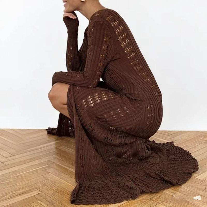 

2025 Европейская и американская трансграничная новая сексуальная вязаная пляжная юбка с вырезами на животе, повседневное платье-накидка для отдыха на морском побережье Brown S