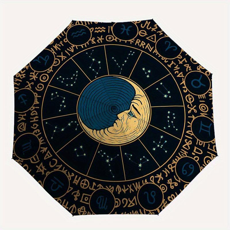 Zodiac Astrology Wheel Calendar with Moon Phase Design Umbrella, Cute Umbrella with Cute Design, Portable 3-Fold Compact Umbrella for Men & Women, Val