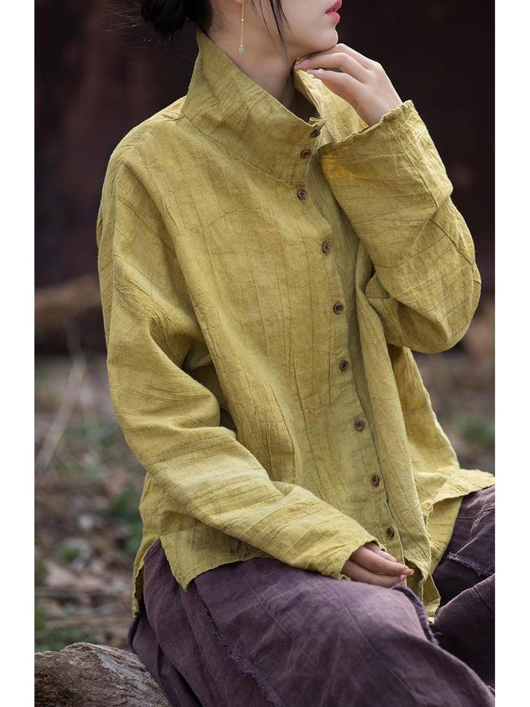 Women's Winter Tie-Dye Ramie Cotton Cardigan - Loose, Semi-High Collar Shirt in National Style.