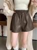 Women's Coffee Leather Shorts - Autumn Style, High Waist, Slimming, Drawstring, Wide Leg, Versatile, Casual.
