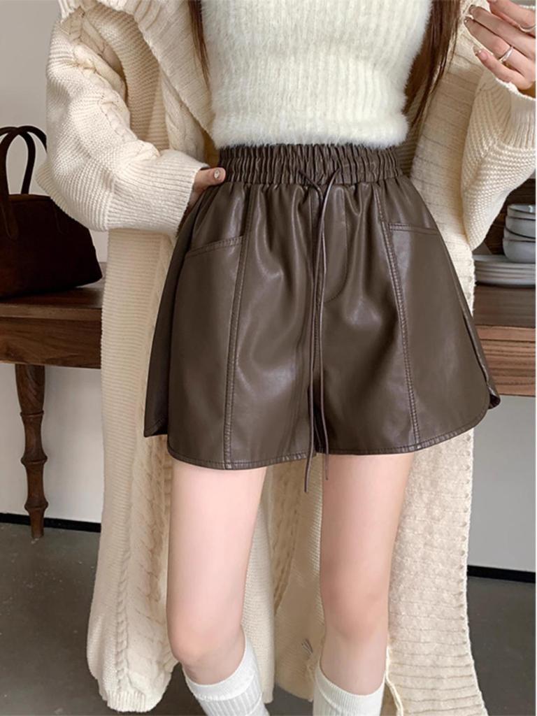 Women's Coffee Leather Shorts - Autumn Style, High Waist, Slimming, Drawstring, Wide Leg, Versatile, Casual.