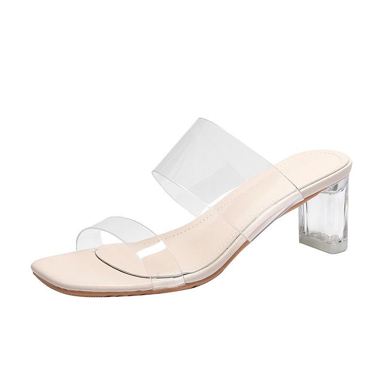 

New leather sheepskin with transparent highheeled sandals women s thickheeled crystal and cool slippers 39