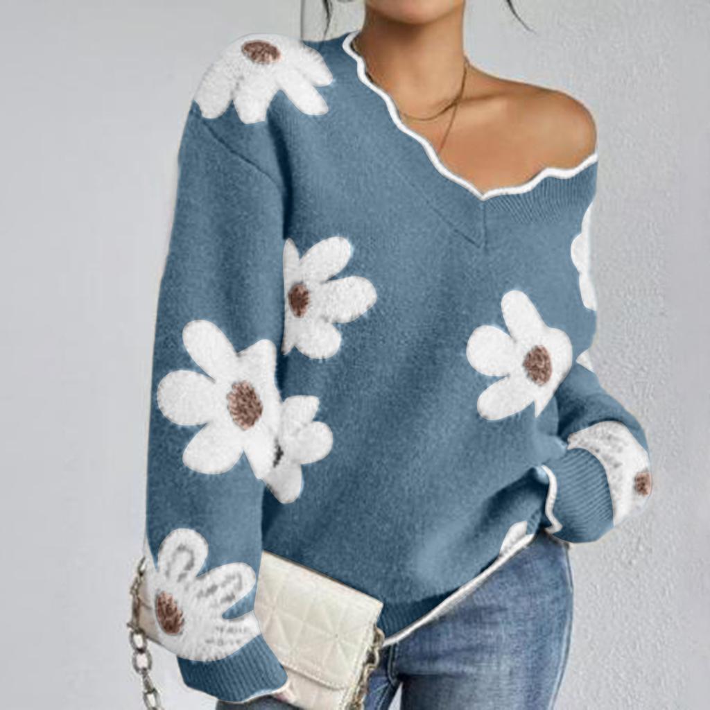 Damenmode Lässig Spitze V-Ausschnitt -Nerz Pullover Langarm Lockerer Pullover