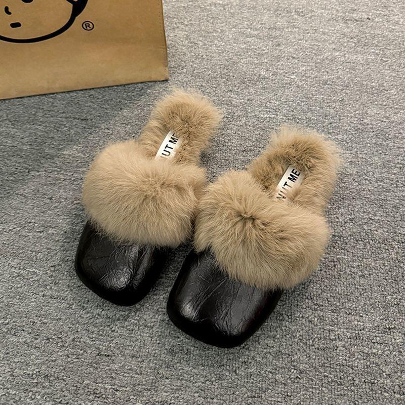 2025 Women's Autumn and Winter New Flat-bottomed Mao Mao Shoes with One Foot, Muller Mao Mao Slippers Ins Bag Head and Half Slippers Outside Wear