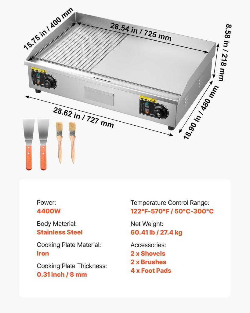 Commercial Electric Griddle, 725 X 400 Mm, 4400W, 50-300°C Adjustable Temp Control, Stainless Steel Countertop, Half Grooved Half Flat, with 2