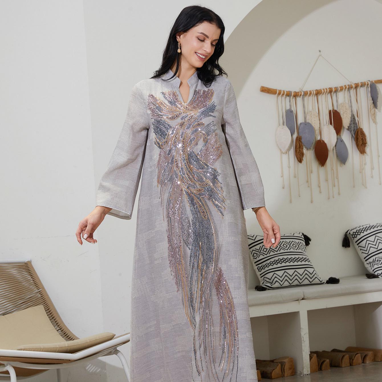 

NC64 Dubai Middle East Women s Mesh Sequin Abaya Robe M сірий колір