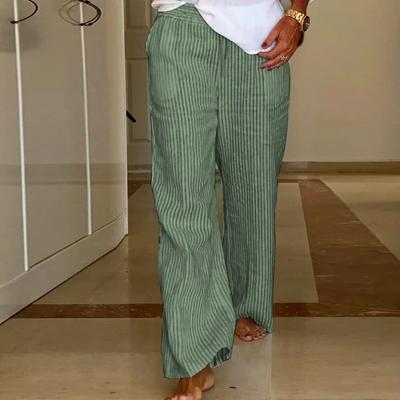 Womens Striped Pants Baggy Cotton Linen Casual Straight Wide Leg Palazzo Lounge Pants
