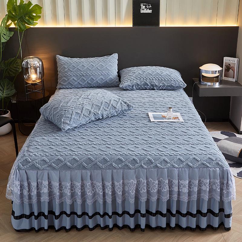 Thickened Taffeta Bed Skirt Set: Korean Style Lace Bedspread & Mattress Cover (3-Piece, Solid Color)