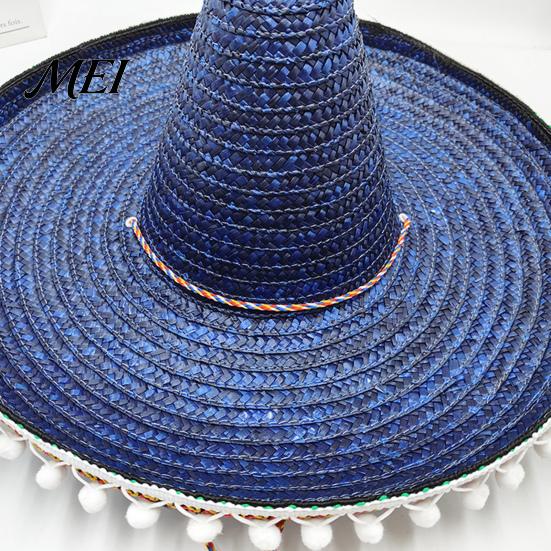 Volwassen Vakantiehoed Mexicaanse Sombrero met Kleurrijke Pompons, Hawaïaanse Stijl Geweven Strooien Zonnehoed, Met Brede Rand Lichtgewicht Themafeest Kostuum voor Zomerstrand