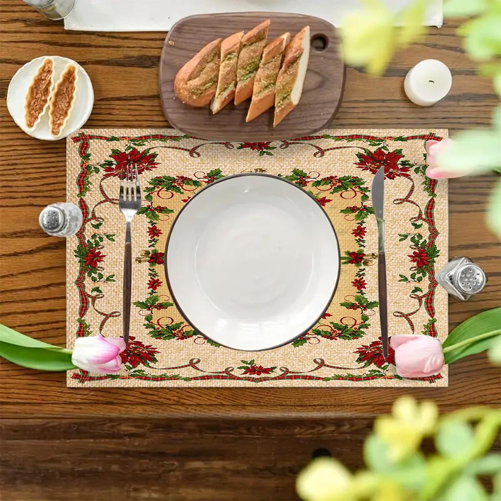 Christmas Linen Placemats Table Decoration Printed Placemat Non-slip Heat Insulation Anti-scald Pads Kitchens Accessories