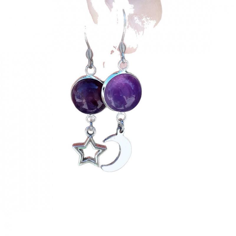 Amethyst Moon and Stars Celestial Pendant Earrings