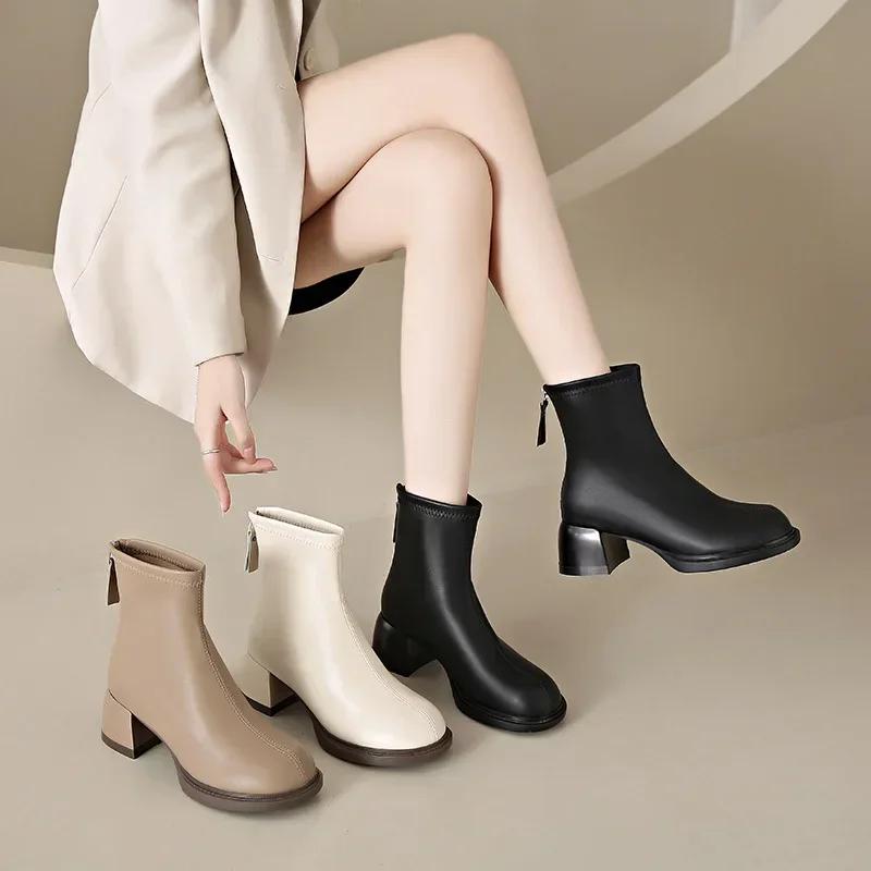 Women's High-heeled Ankle Boots, New Thick Heel Cotton Boots, Fashionable and Comfortable, Back Zipper Anti Slip Short Boots