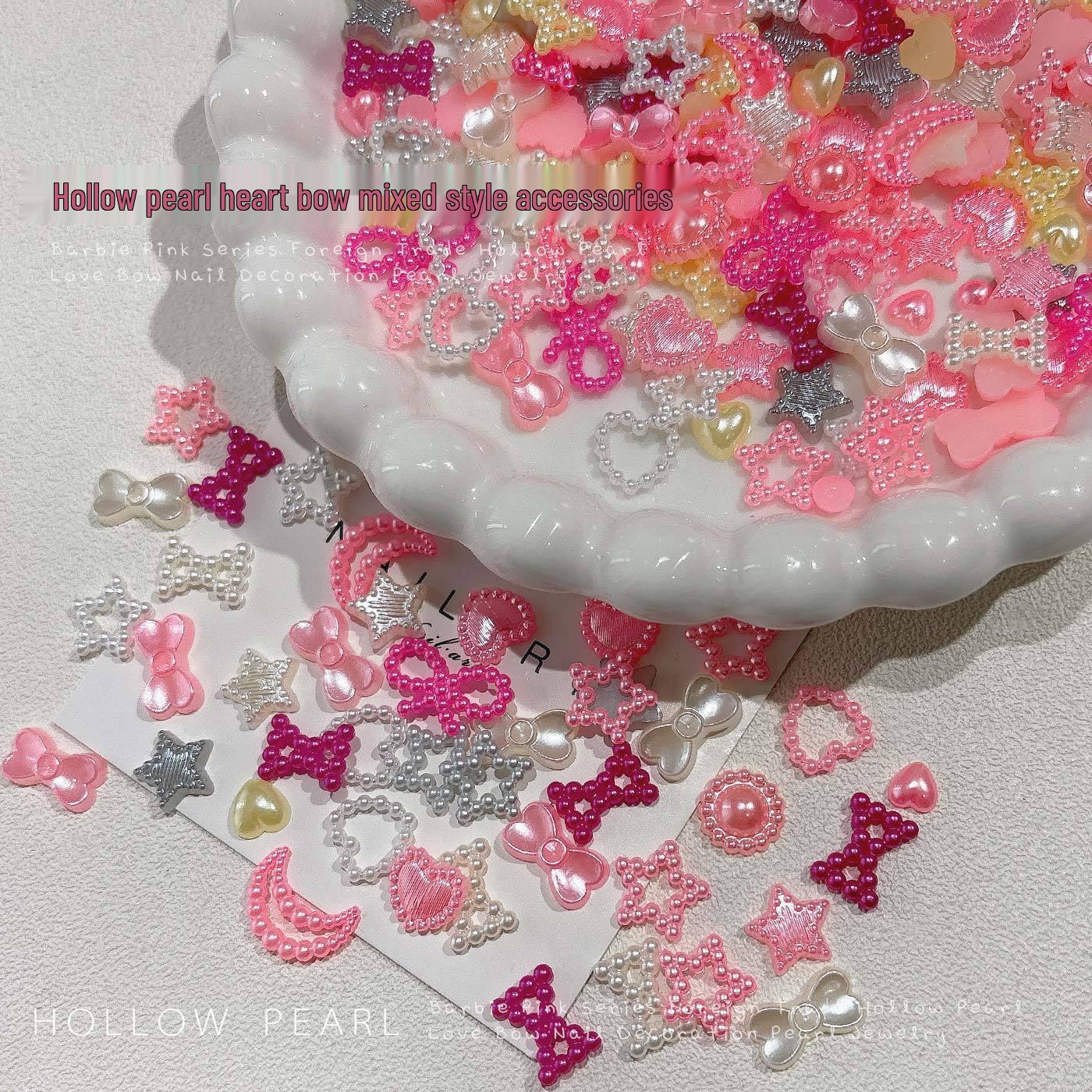 Red Mixed Style Pearl Heart Moon Bow Flower Wearable Nail Art Decoration Pack