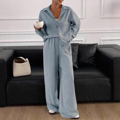 Women's Solid Color Lapel Collar Long Sleeve Button Down Shirt Wide Leg Pants Two Piece Set