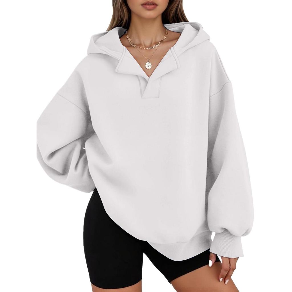 Women's Casual V-neck Pullover Long-sleeve Solid Color Fleece-lined Hooded Sweatshirt Top
