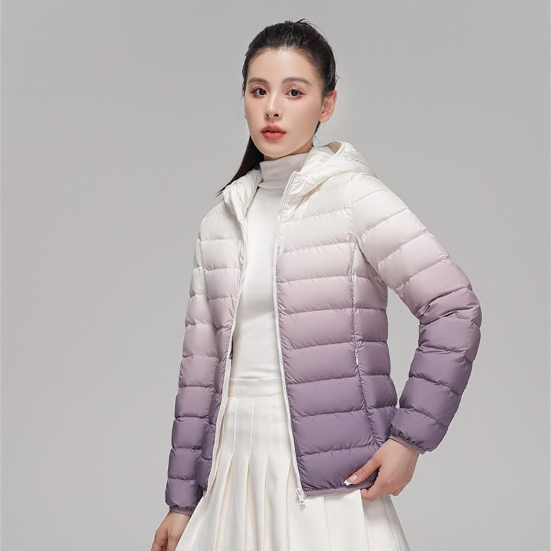 Womens Lightweight Down Jacket Winter Hooded Stand Collar Gradient Color Plus Size 90% White Duck