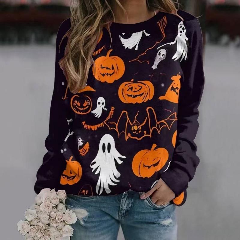 New Halloween Ladies Sweater 3D Digital Printing Pumpkin Bat Dark Pattern Crew Neck Long Sleeve Top