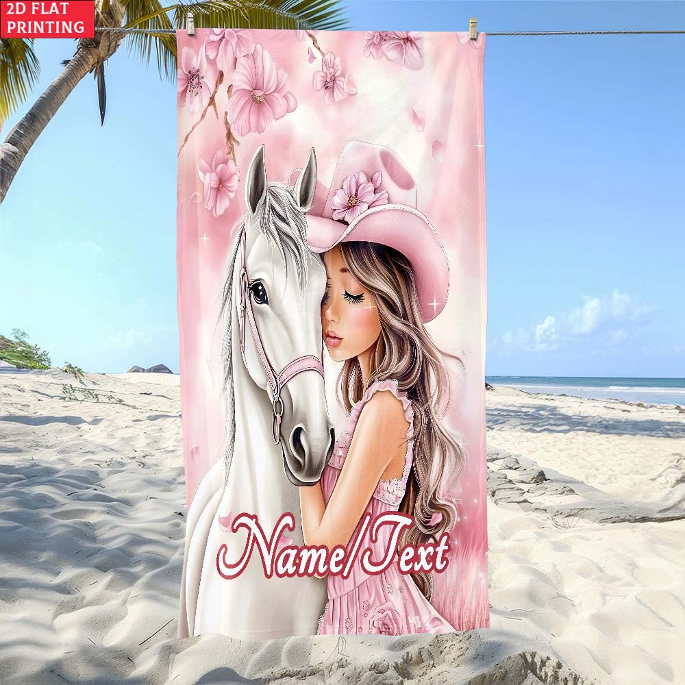1pc Personalized Pink Cowgirl and White Horse Beach Towel, Custom Name Soft Quick Dry Bath Towel for Summer Beach Vacation