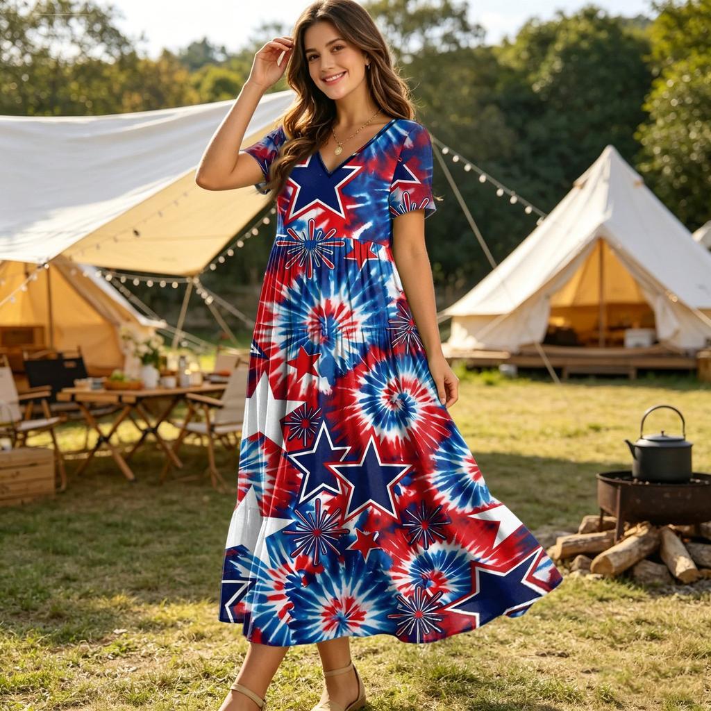 Women’s V Neck Short Sleeve Maxi Dress with Star Print Loose Fit Flowy Hem Casual Summer A Line Dress for Daily Wear