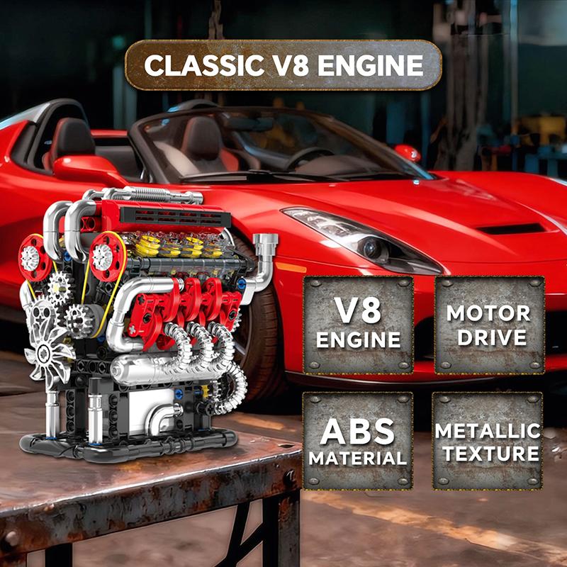 Silnik samochodowy V8 Model symulacyjny z napędem elektrycznym Zabawki konstrukcyjne Techniczne klocki Kreatywne zabawki Prezenty dla dorosłych 538 szt.