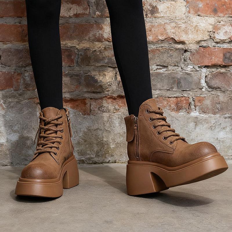 thick-soled soft leather Martin boots women's autumn and winter thick heel increases height and looks thin, fashionable and versatile temperament