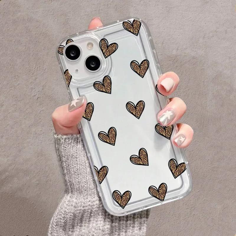 Creative Leopard Love Heart Pattern Case for IPhone 16 15 14 13 12 11 Pro Max XS X XR 8 7 Plus SE  Clear Air Cushion Cover