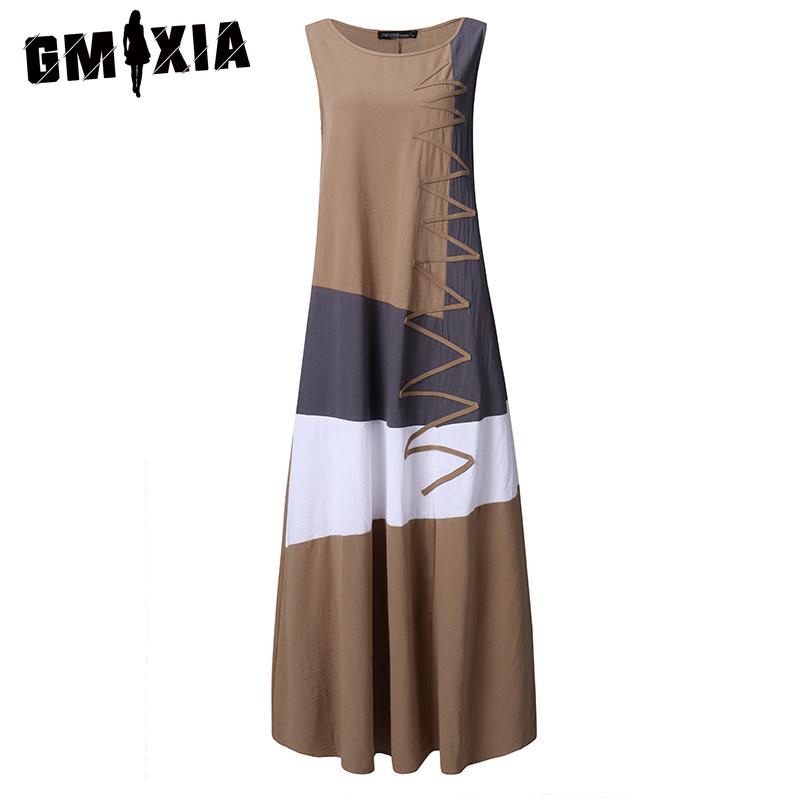 

GMXIA Женское хлопковое платье без рукавов с круглым вырезом, летнее, винтажный принт, длинное XL коричневый