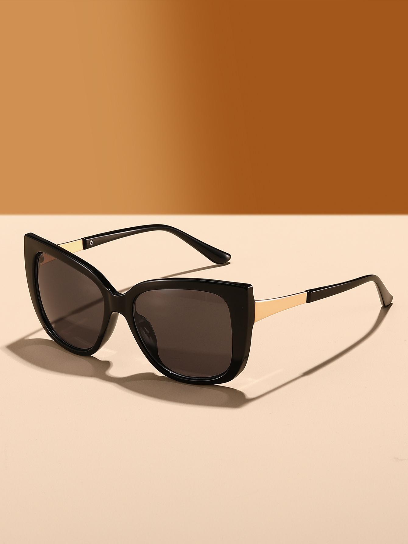 

1Pc Black Frame Cat-Eye Large Frame Women s Sunglasses with Metal Temple Design, Slimming Effect, Uv Protection, Vacation