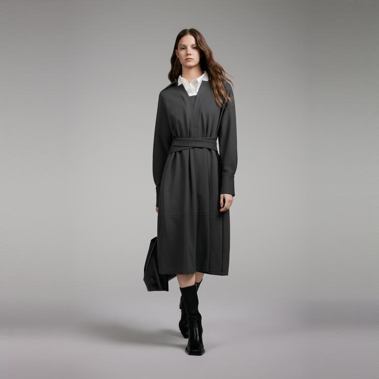 ELLE French Minimalist Elegant Two-Piece Dress With V-Neck Long Sleeves Women dress Dark-Gray EL49588