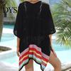 Beachwear Dress Women Bikini Cover Up V-Neck Drop-shoulder Sleeves Hollow Side Split Color Block Crochet Swimsuit Cover-ups