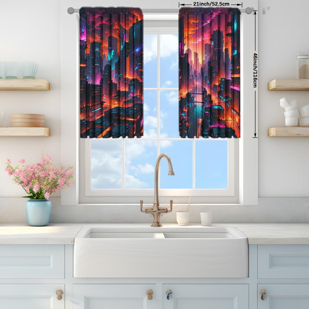 2pcs Future Technology Cyberpunk Printed Curtain for Home Decor - Rod Pocket Window Treatment for Bedroom, Office, Kitchen