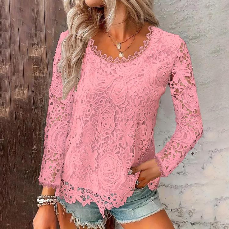 Square Neck Lace Long Sleeves Top Women Solid Fashion