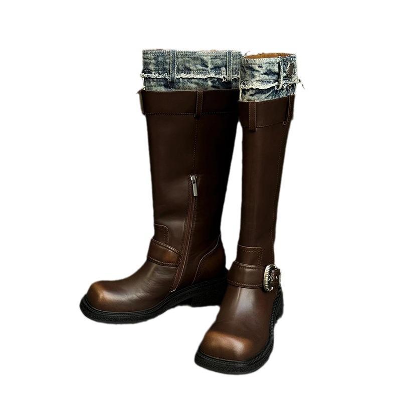 Verze z hovězí kůže~ Pravá kůže Maillard Kovbojské prošívané nadkolenní kozačky Rytířské kozačky Dámské platformové vysoké kozačky
