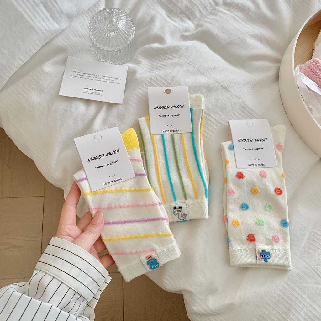 Female Spring and Summer Pure Cotton Color Cloth Logo Stripe Trend Cartoon Color College Wind Tube Socks