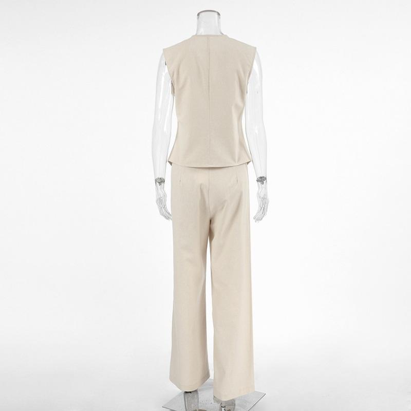 Women's Cotton and Hemp Fabric Set Commuting 2-piece Set V-neck Vest+Loose Wide Leg Pants New Fashion Spring Summer