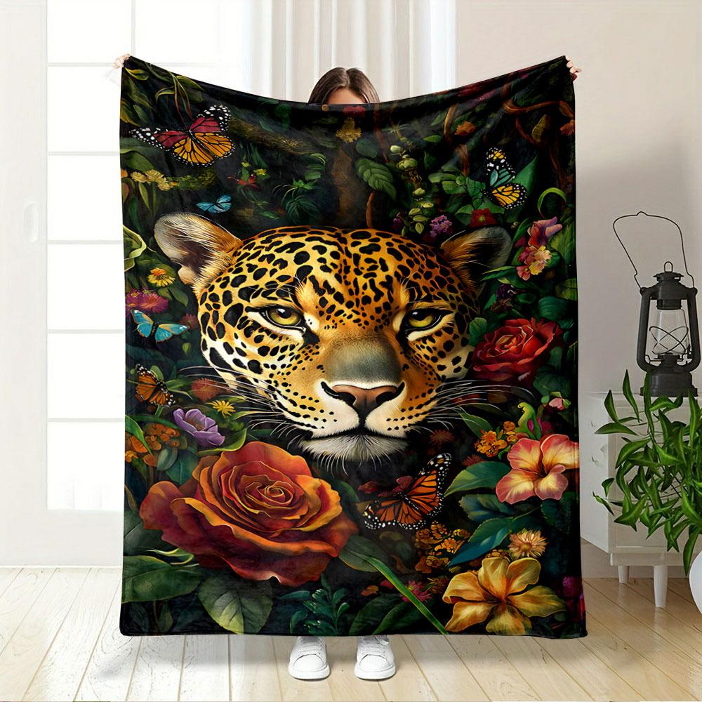 Jungle Jaguar Floral Art for all seasons blanket lunch break throw gift