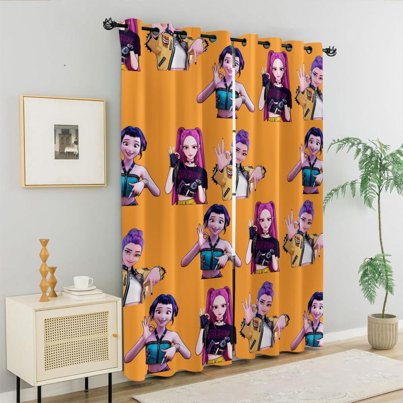 2pcs Kpop Anime Girls Curtains Cute Idol Group Print Blackout Curtains Orange Background Window Drapes For Teens Bedroom Dec